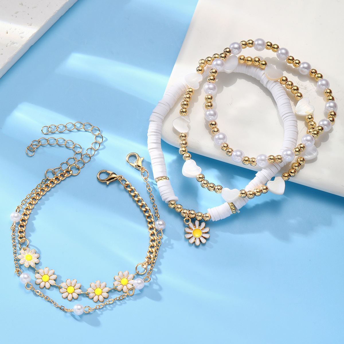 5pc Vintage Daisy & Pearl Bracelet Set