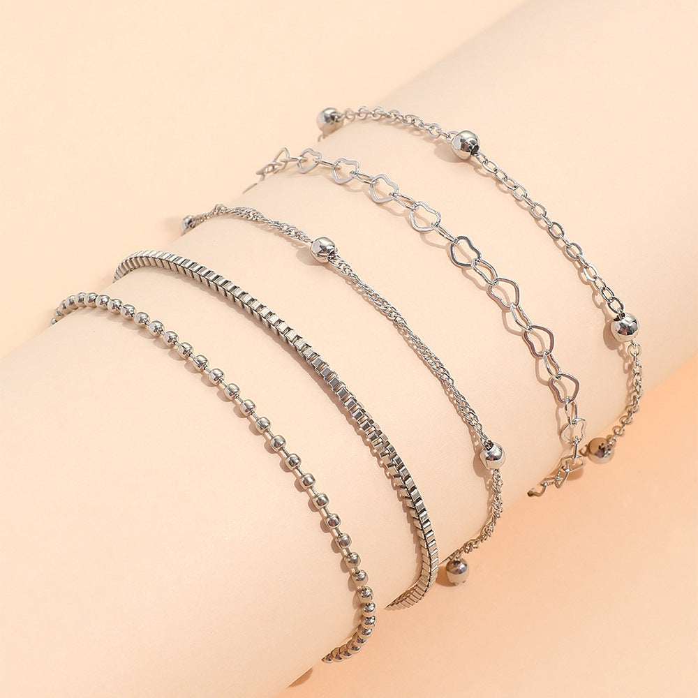 6pc Dainty Silver Heart & Bead Bracelet Set