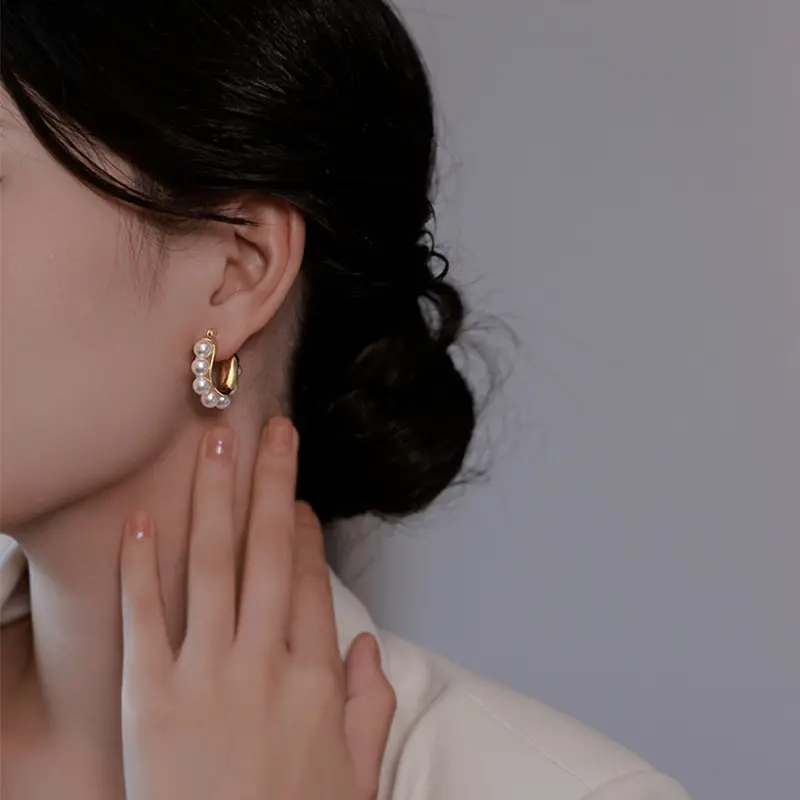 U-Shaped Pearl Hoop Earrings