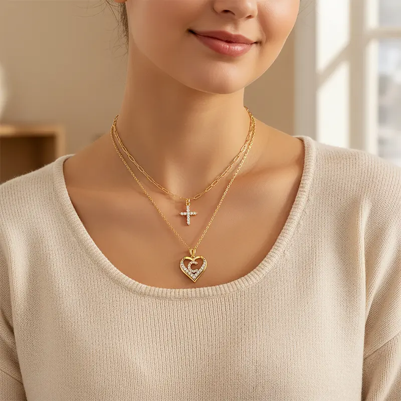14k Initial Heart & Cross Necklace Set