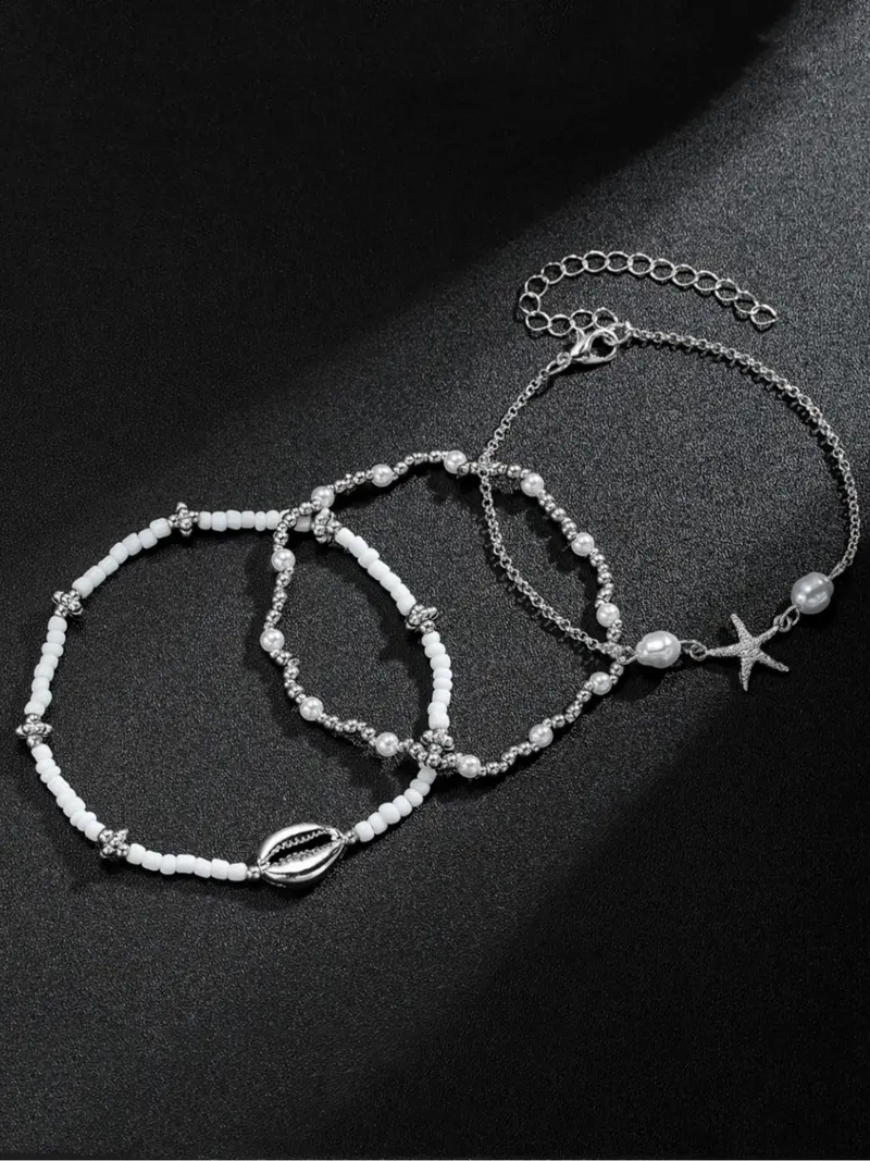3pc Boho Starfish & Shell Anklet Set