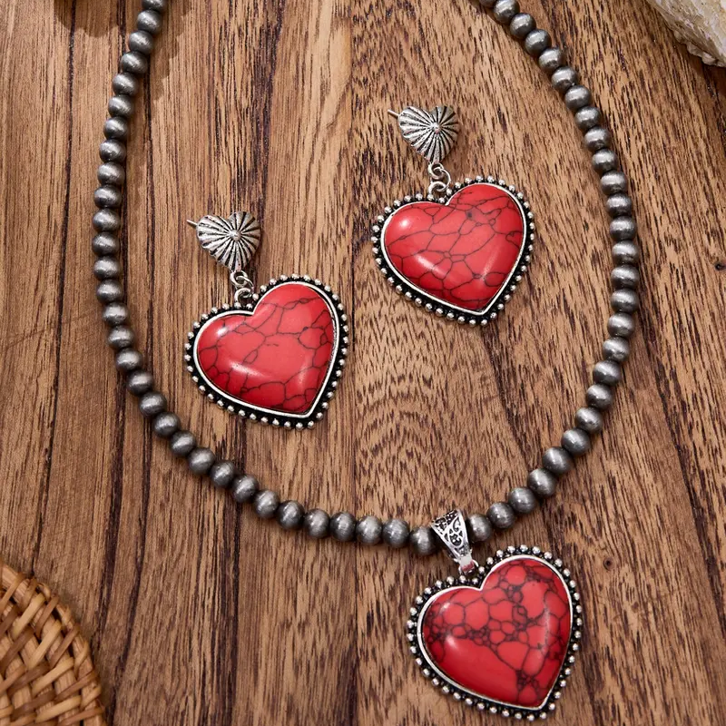 3pc Vintage Boho Heart Necklace Earrings Set