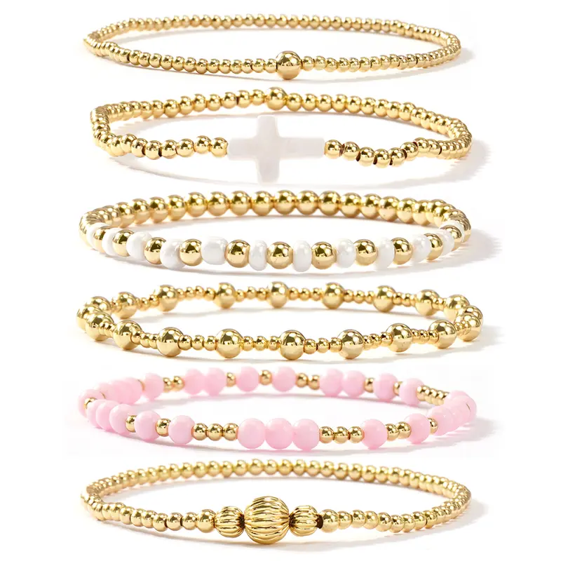 14k 6pc Beaded Stretch Bracelet Stack