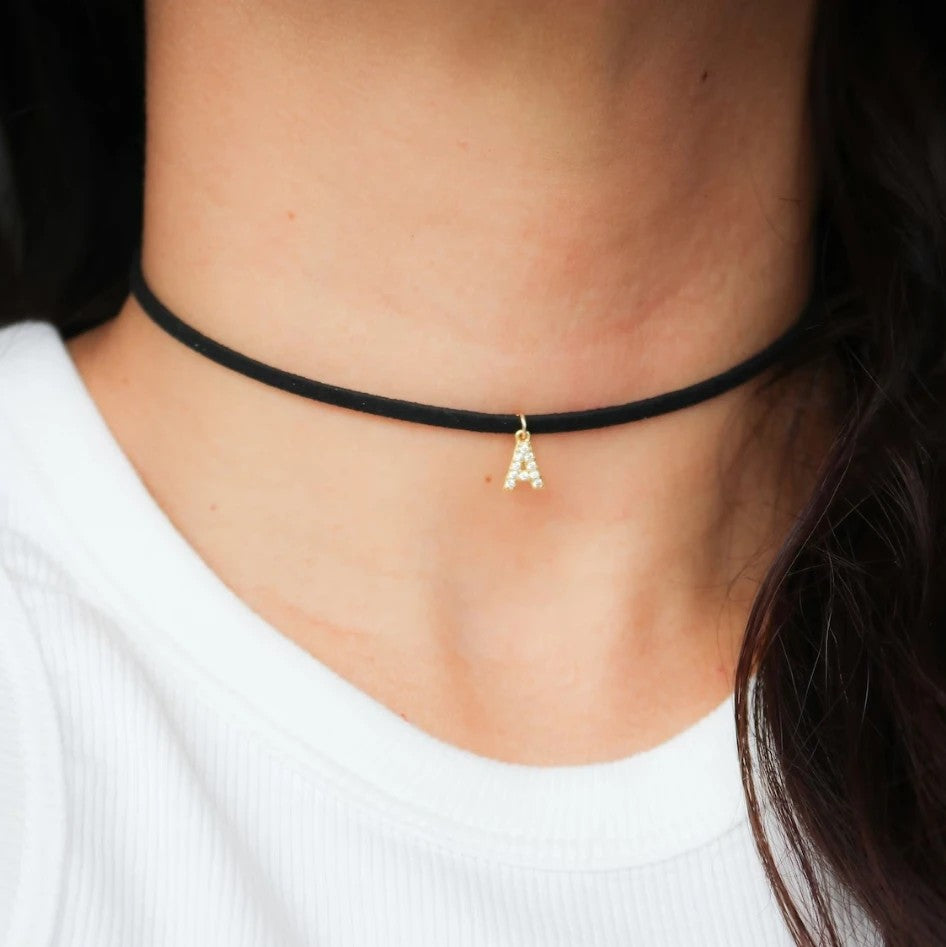 Crystal Initial Velvet Choker Necklace