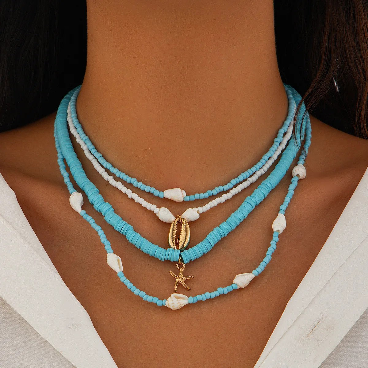 Blue Bead & Conch Shell Layered Necklace