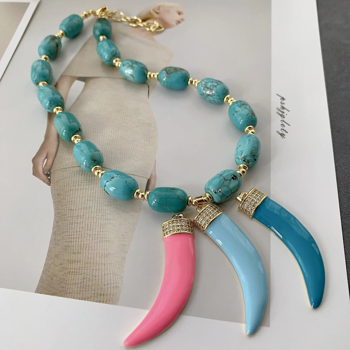 Turquoise Bead Triple Horn Necklace
