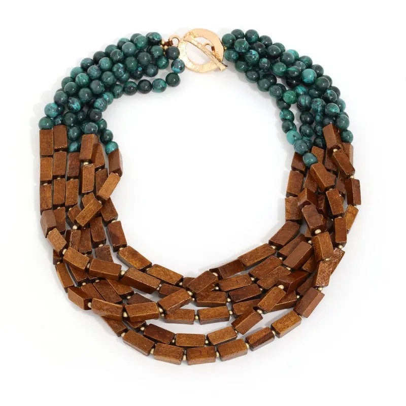 Wooden Block & Teal Bead Layered Necklace