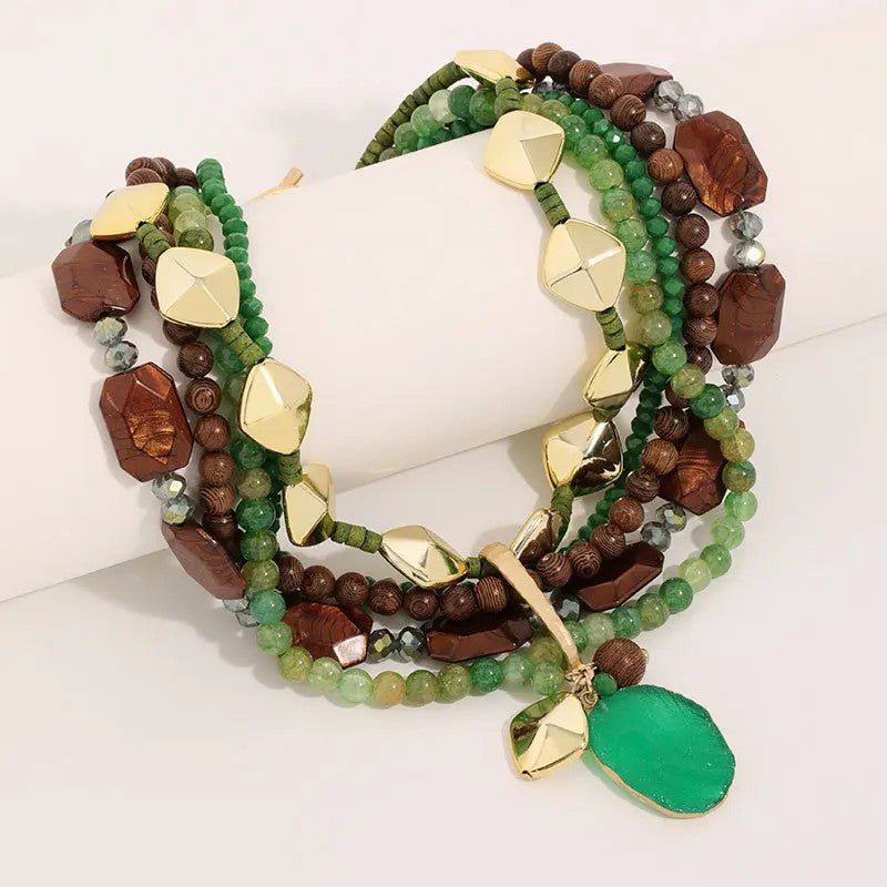 Layered Teal & Wood Bead Necklace