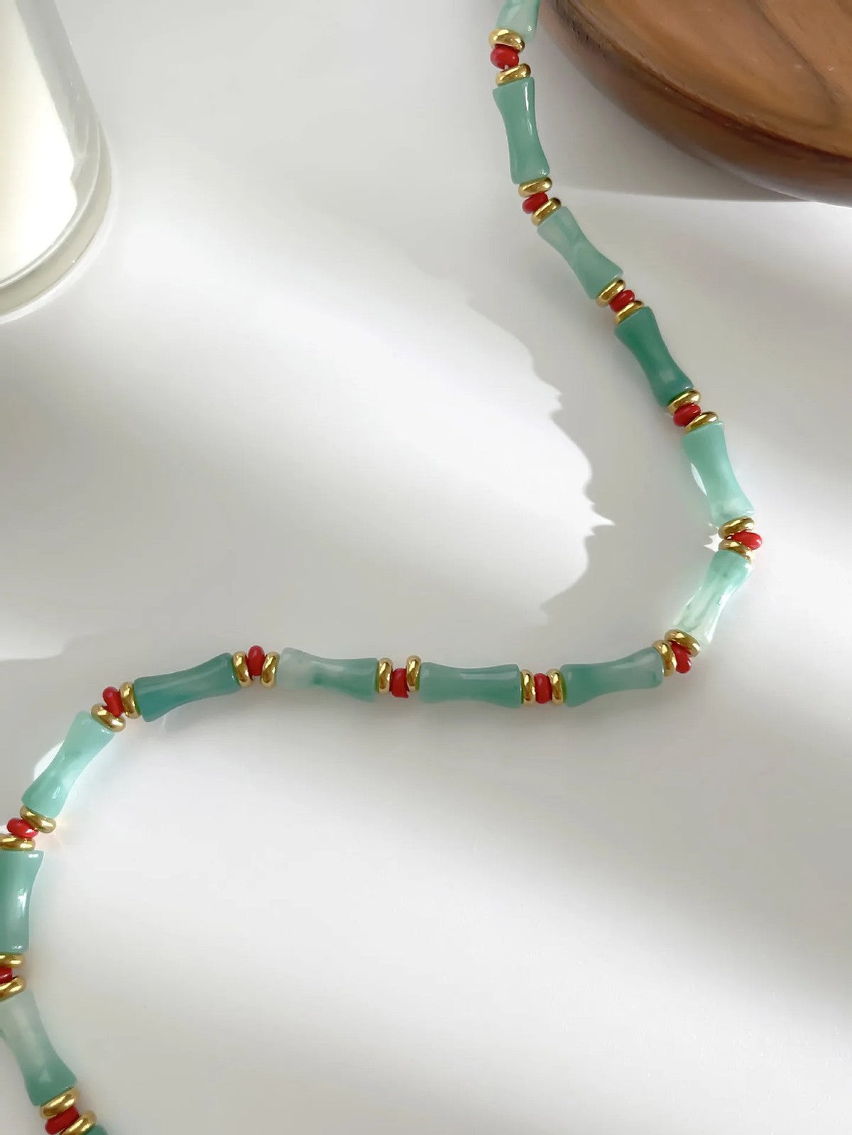 Layered Green Stone & Gold Link Necklace