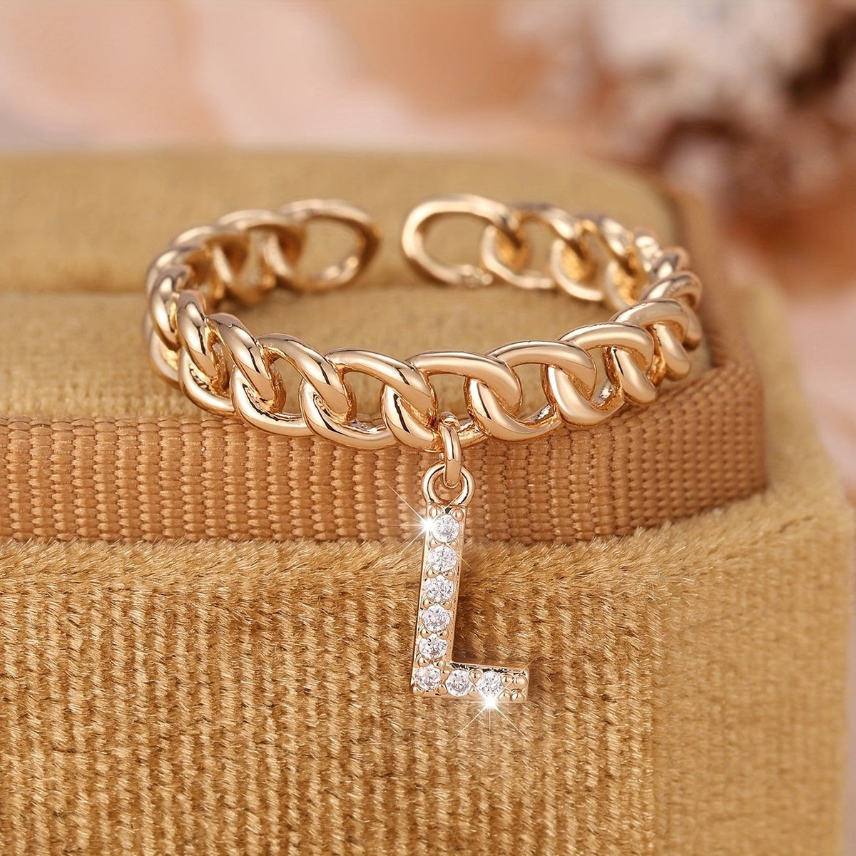 Crystal Initial Curb Chain Ring