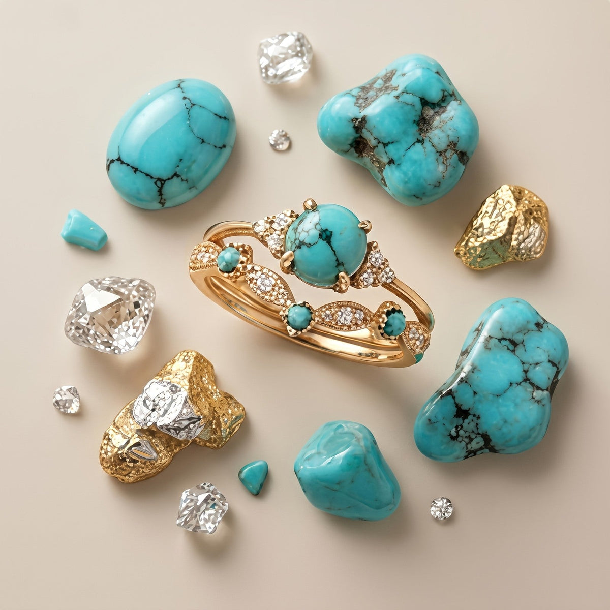 Turquoise & Crystal Ring Set