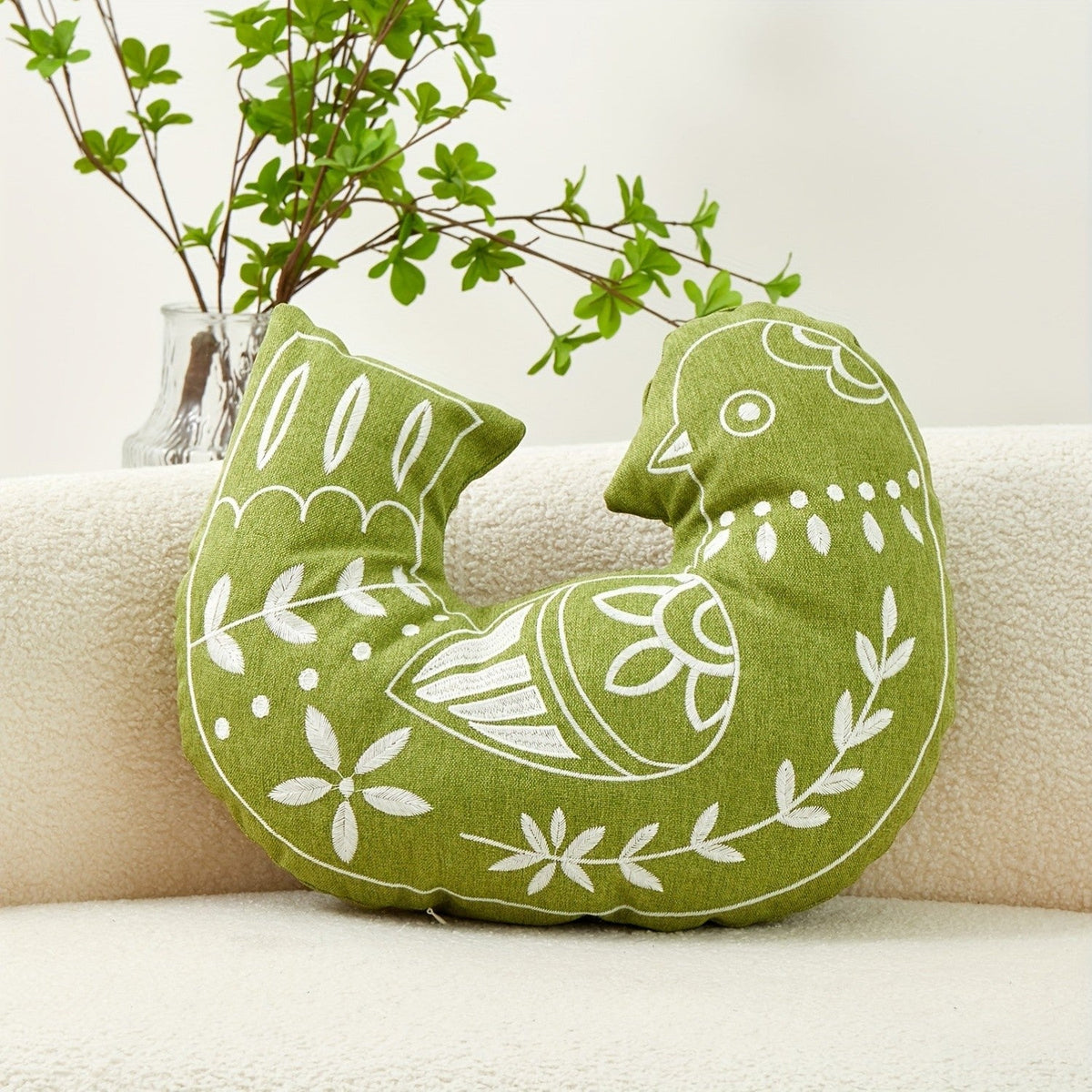 Teal Embroidered Bird Pillow