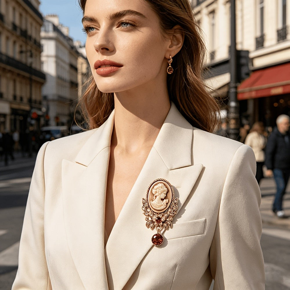 Cameo Floral Rhinestone Brooch