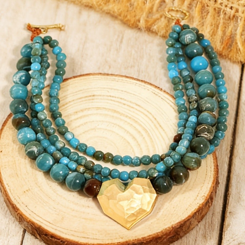 Blue Beaded Hammered Pendant Necklace
