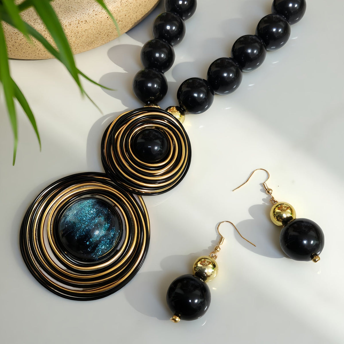 Blue Spiral Bead Necklace & Earring Set