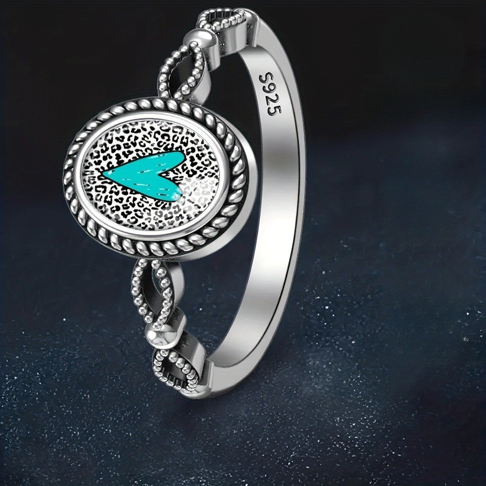 Teal Heart Leopard Print Ring