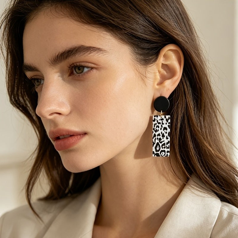 Black Circle Leopard Rectangle Drop Earrings