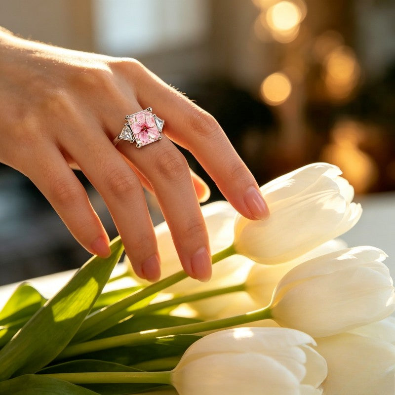 Pink Cherry Blossom Square Ring with Side Stones