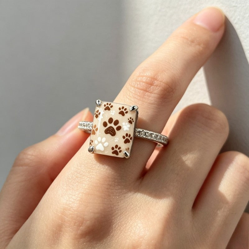 Cream Paw Print Square Ring