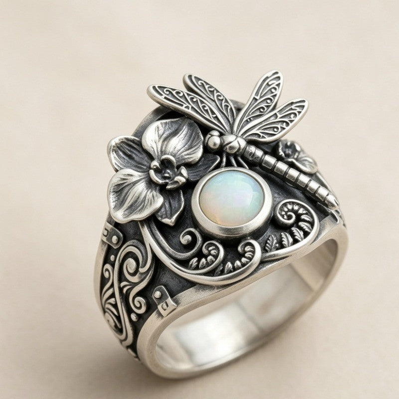 Dragonfly Floral Opal Ring