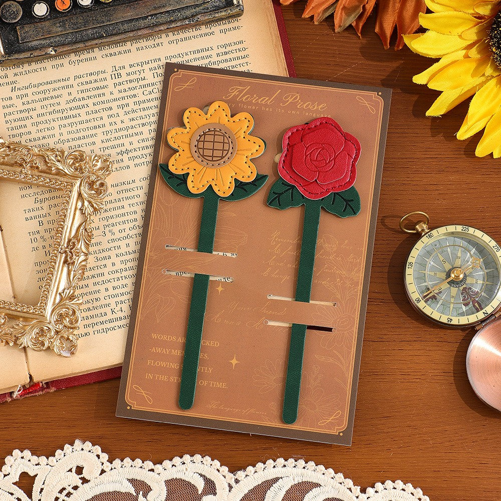 Faux Leather Flower Bookmark Set
