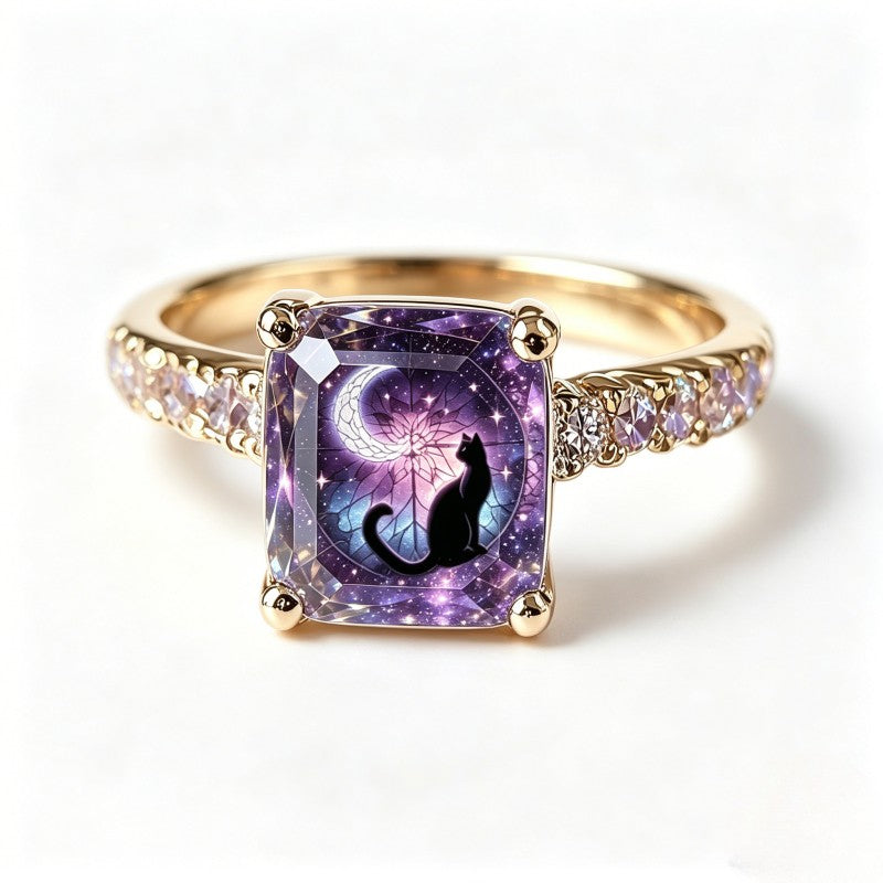 Galaxy Cat Crescent Moon Square Ring