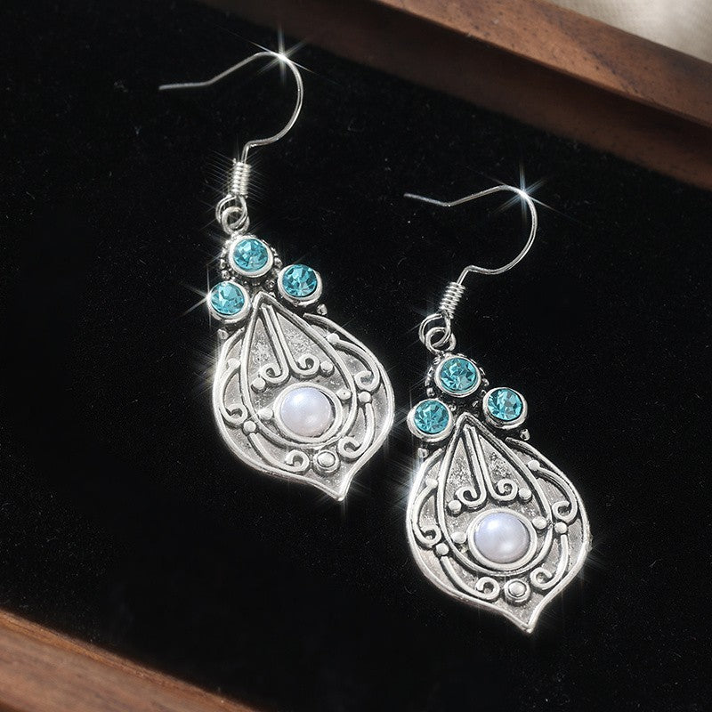 Blue Stone Filigree Leaf Drop Earrings