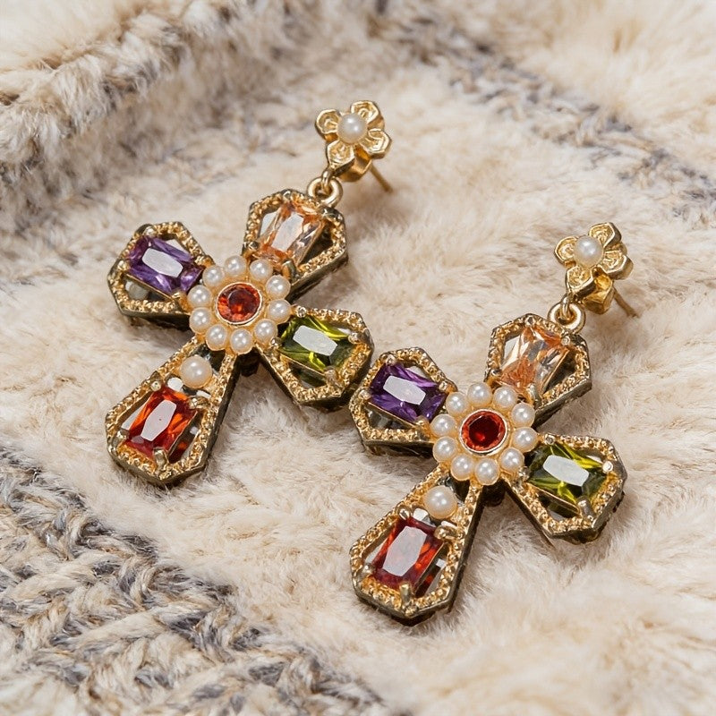 Multi-Color Gemstone Cross Earrings