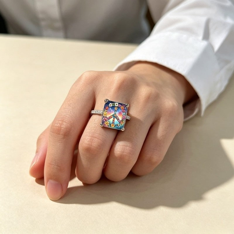 Floral Peace Sign Square Ring