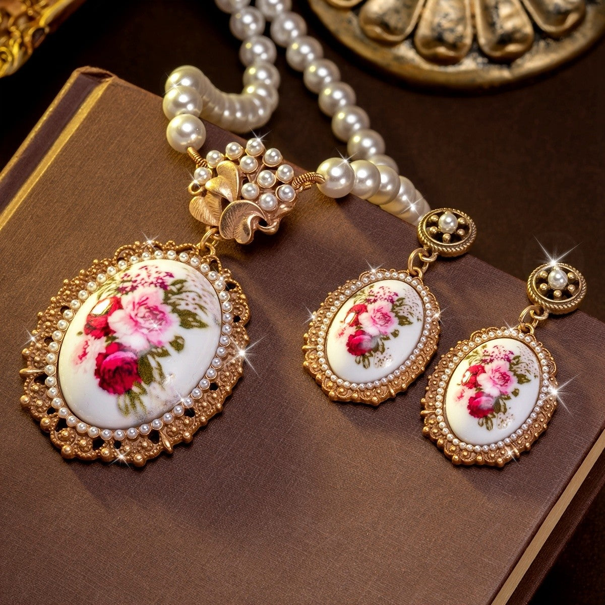 Pink Rose Cameo Jewelry Set