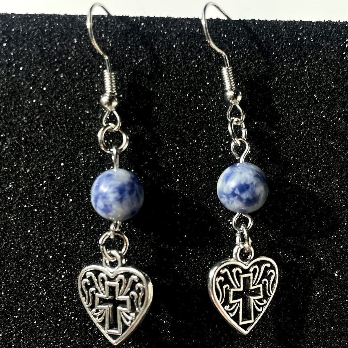 Blue Stone Cross Heart Earrings