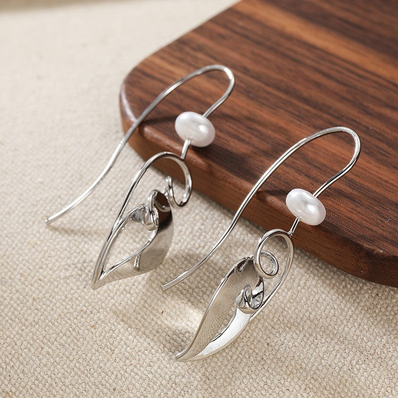Curved Leaf Pearl Drop Earrings