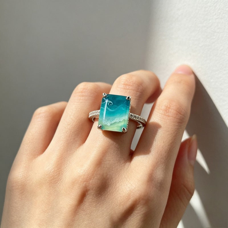 Teal Wave Square Ring