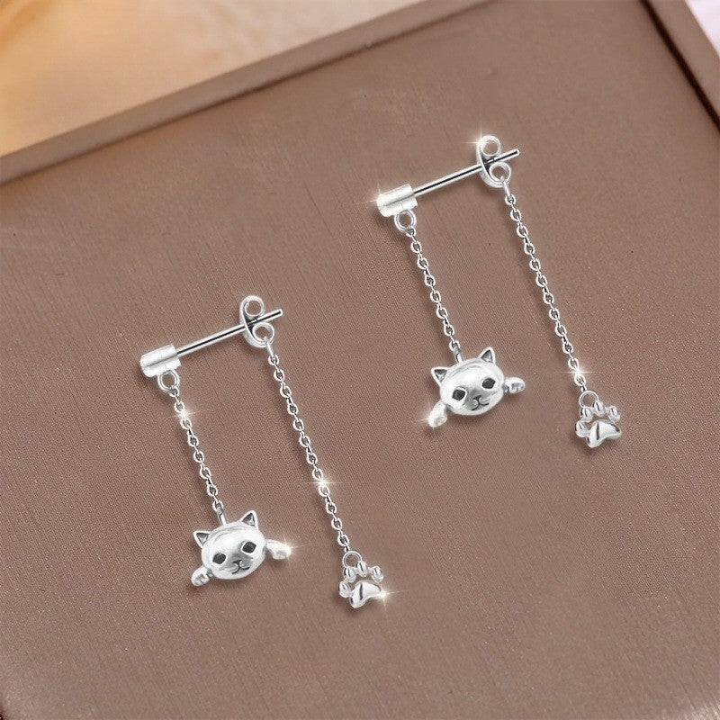 Cat Face & Paw Chain Earrings