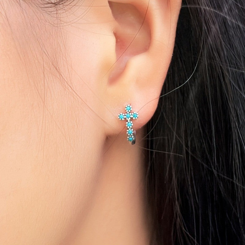 Blue Zircon Cross Hoop Earrings