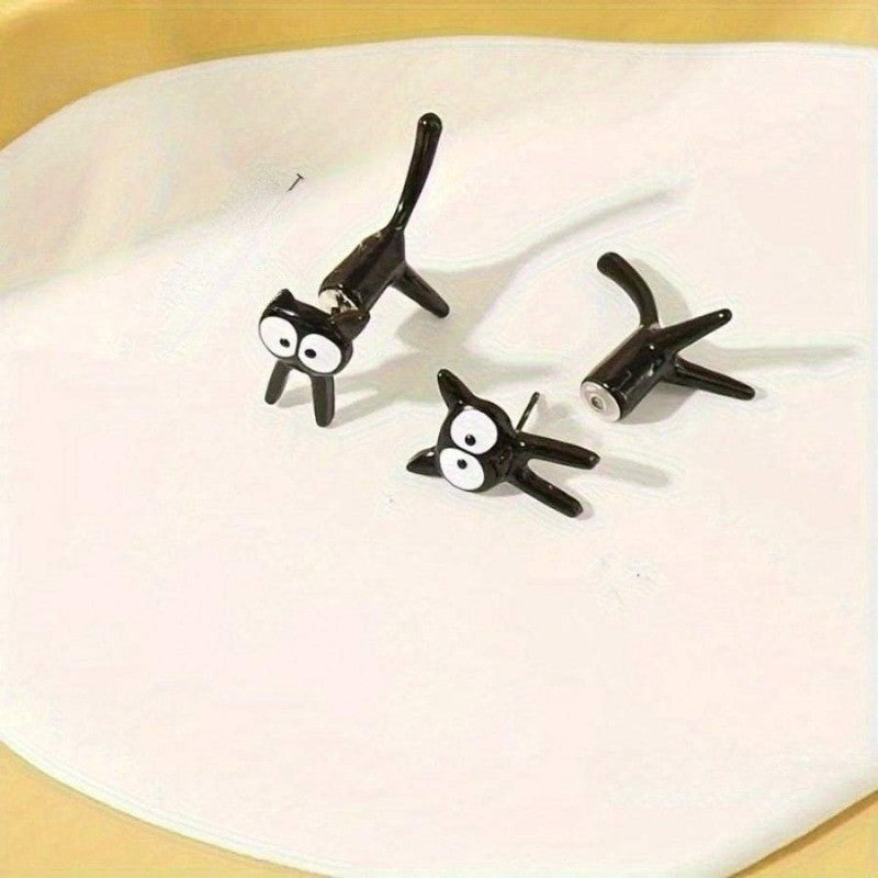 Wide Eye Black Cat Stud Earrings