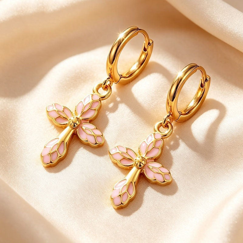 Pink Enamel Cross Drop Earrings