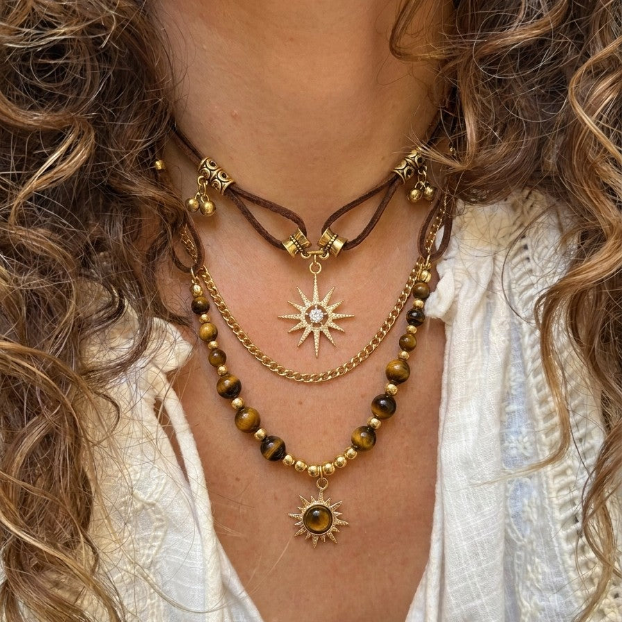 Layered Sunburst & Tiger Eye Necklace