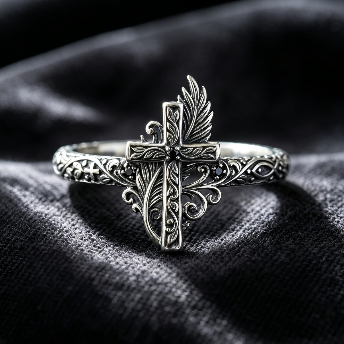 Ornate Cross & Feather Ring