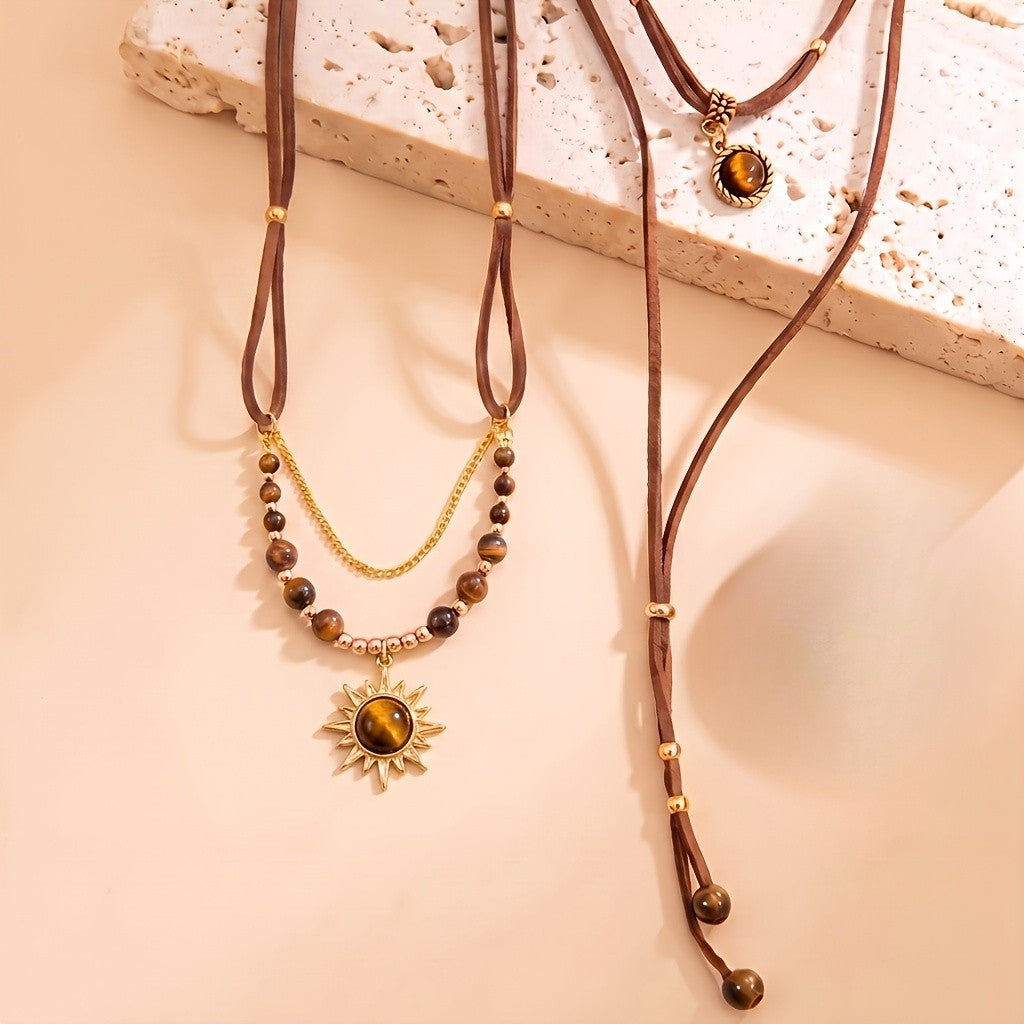 Layered Sun & Tiger Eye Necklace