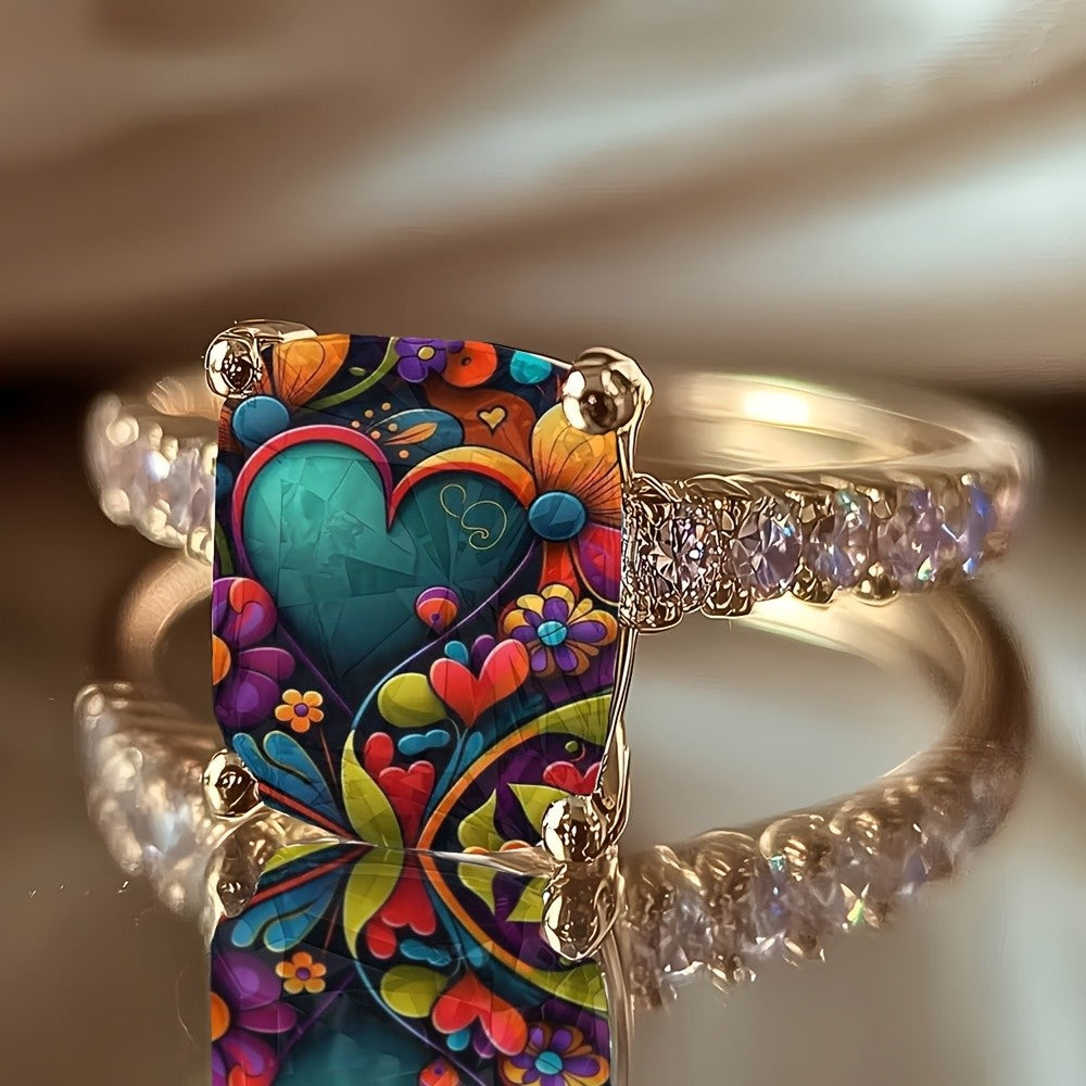 Colorful Floral Heart Square Ring