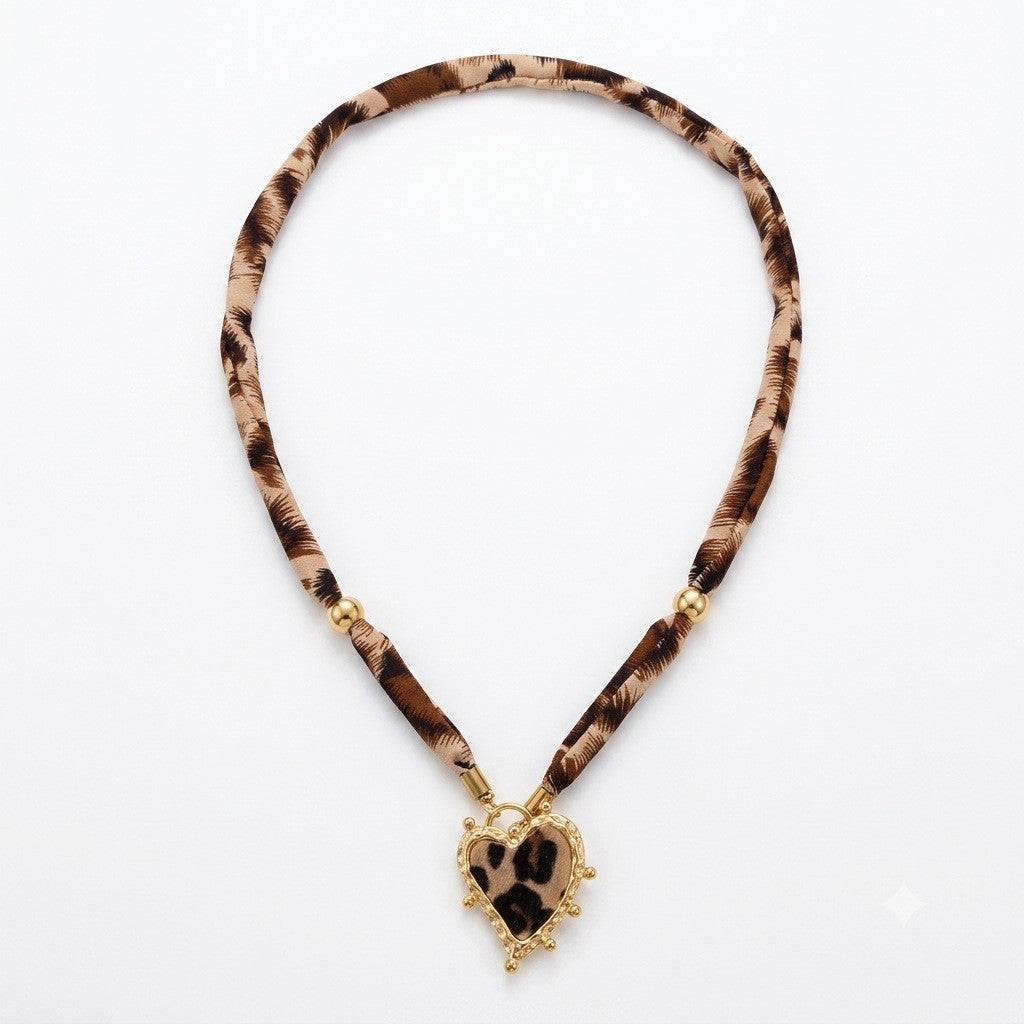Leopard Print Fabric Heart Necklace