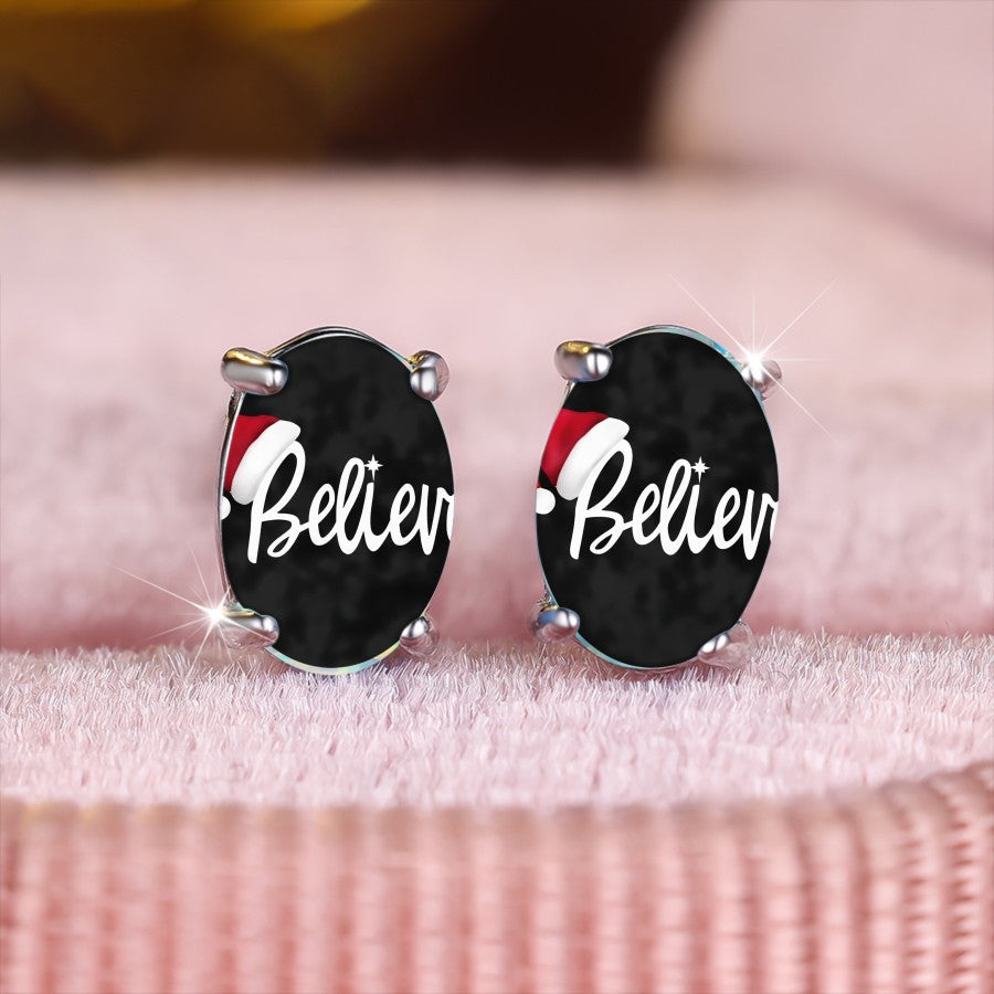 Believe Santa Hat Oval Earrings