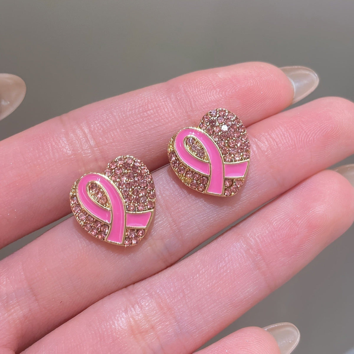 Pink Ribbon Heart Stud Earrings