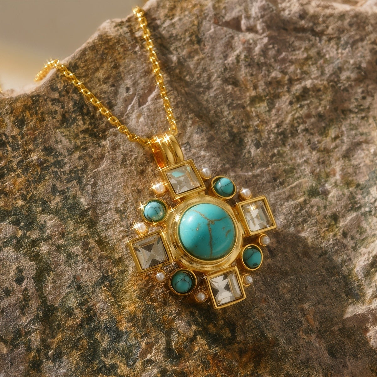 Turquoise Square Cluster Necklace