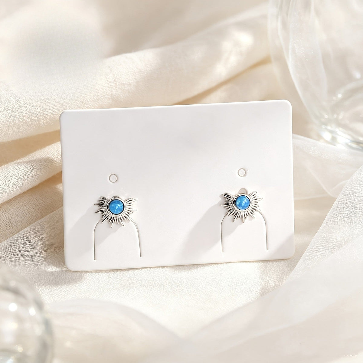 Blue Stone Sunburst Stud Earrings