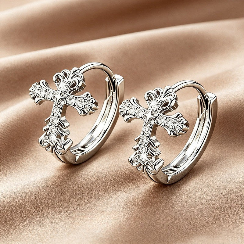 Ornate Moissanite Cross Hoop Earrings