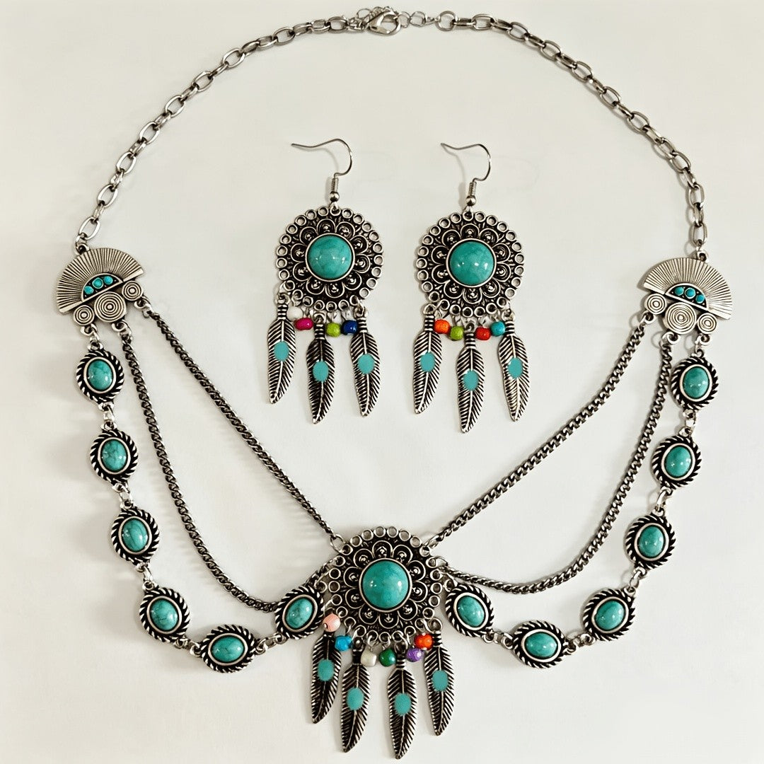 Turquoise Feather Statement Necklace Set
