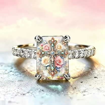 Rose Floral Cross Rectangle Ring