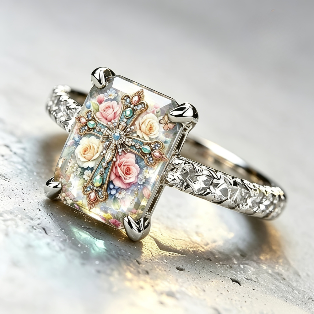 Rose Floral Cross Rectangle Ring